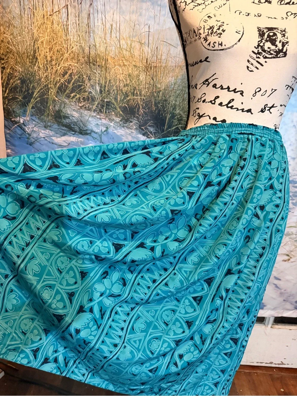 Vintage 90s Leslie Fay Teal Floral-Print Maxi Skirt